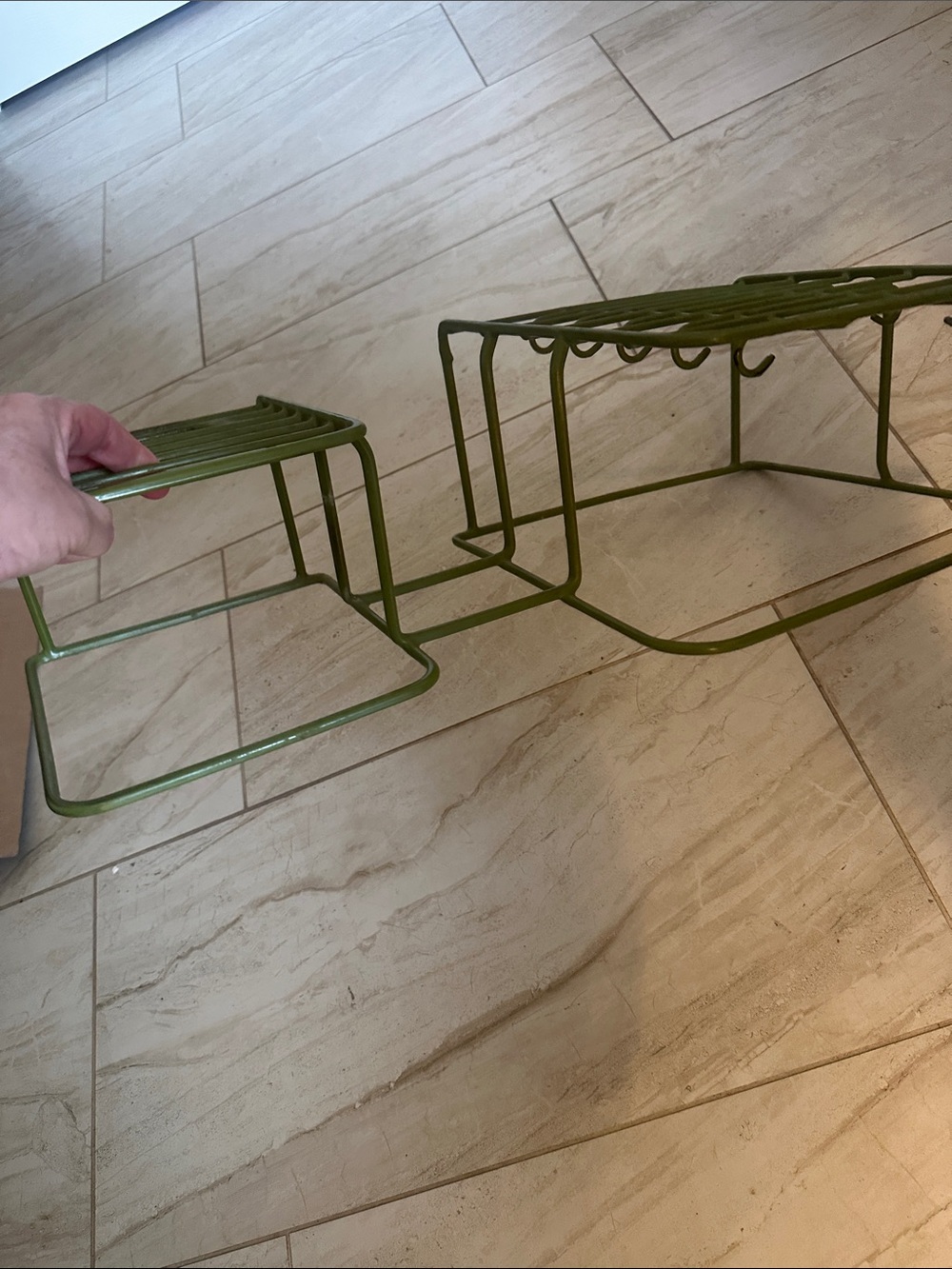 Vintage Coated Wire Dish Rack Riser Organizer Plate Holder Cup Hooks green